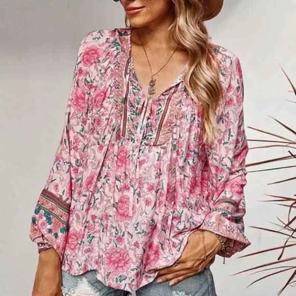 SOLD OUT Pink Floral Bohemian Peasant Blouse - Picture 2 of 5